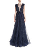 Sleeveless Illusion V-Neck Ruffled Gown, Abyss Blue