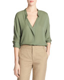 Banded-Collar Concealed-Placket Silk Blouse