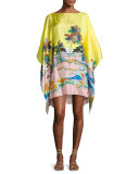 Bermuda Tropical-Print Silk Caftan Coverup, Giallo/Rosa