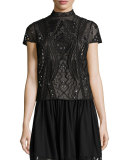 Viktoria Embroidered Mock-Neck Top, Black