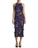 Halter-Neck Cocktail Midi Dress w/Floral Appliques, Black/Iris