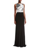 Sleeveless Two-Tone Floral Jersey Gown, White/Black