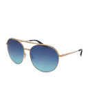 Luna Round Sunglasses w/Brow Bar, Gold/Blue