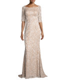 3/4-Sleeve Floral Lace Mermaid Gown, Blush