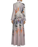 Bishop-Sleeve Floral-Print Caftan, Pink/Multi