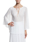 Lace-Knit Bell-Sleeve Blouse, White