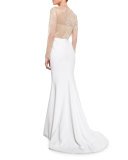 Grid-Beaded Mermaid Gown, Nude/White