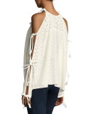 Tied Cotton Crochet Pullover Sweater, Cloud Dancer