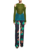 Floral Straight-Leg Pants, Black
