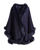 Fox-Fur-Trim Cashmere Cape, Navy