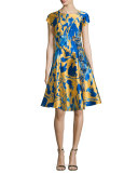 Short-Sleeve Floral Jacquard Fit & Flare Dress 