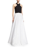 Crisscross-Halter Colorblock Gown, Black/Ivory