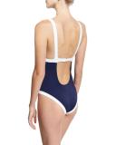 Italian Solid Colorblock Scoop-Back One-Piece Swimsuit, Blue/White