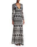 Anna Maria Long-Sleeve Printed Gown, Black/White