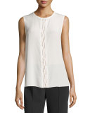 Sleeveless Jewel-Neck Embellished Silk Blouse, Blanc