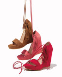 Pompom Fringe Ankle-Tie Wedge Sandal