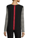 Striped-Sleeve Back-Zip Top, Black/Putty