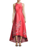 Sleeveless Floral Cutout High-Low Gown, Coral