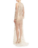 Sequined-Petal Illusion Tulle Gown, White/Gold
