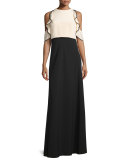 Cold-Shoulder Ruffle-Trim Gown, Bisque/Black