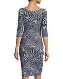 3/4-Sleeve Zebra-Print Ruffle-Front Dress 
