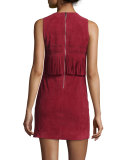 Sleeveless Suede Mini-Dress W/Fringe, Wine