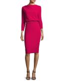 3/4-Sleeve Stretch Crepe Blouson Dress, Pink