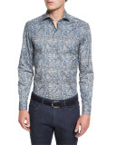 Paisley-Print Long-Sleeve Sport Shirt, Teal