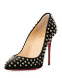 Follies Spikes Velvet 100mm Red Sole Pump, Metallic Gray