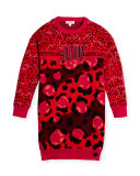 Long-Sleeve Printed Cotton Sweaterdress, Red, Size 4-6
