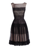 sleeveless pleated geometric tile dress, black
