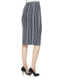 Balthazar Button-Front Classic Pencil Skirt, Black/White Stripe