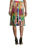 Ikat-Print Pleated A-Line Skirt, Green
