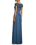 Cap-Sleeve Beaded Lace-Trim Chiffon Gown