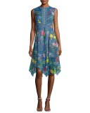 Sleeveless Floral Chiffon Handkerchief Dress, Blue