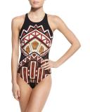 Geometric-Print High-Neck One-Piece Swimsuit