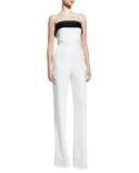 Bicolor Strapless Wide-Leg Jumpsuit, Black/White