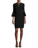 Garcia Bell-Sleeve Sheath Dress w/ Mesh Inserts, Black