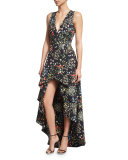 Aveena Sleeveless Floral-Print High-Low Gown 