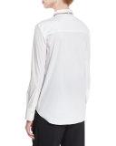 Monili-Tie Long-Sleeve Poplin Blouse, White