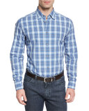 Ombre Plaid Long-Sleeve Sport Shirt, Blue