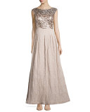 Cap-Sleeve Sequined Lace Gown 