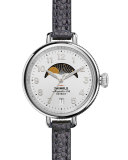 34mm Birdy Moon Phase Watch with Leather Strap, Navy/White