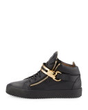 Men's Leather Mid-Top Sneaker w/Double-Bar Strap, Black