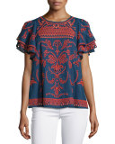 Mara Short-Sleeve Embroidered Top, Stealth