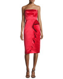 Strapless Ruffle-Trim Satin Cocktail Dress, Scarlet