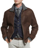 Leather Pilot Jacket w/Cashmere Trim, Dark Brown