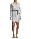 Long-Sleeve Henley Belted Shirtdress, White/Black