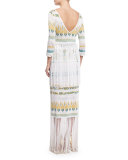 Francesca Fringe-Trim Midi Dress, White/Turquoise