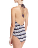 Striped Knit Lace-Up One-Piece Swimsuit, Denim Ombre (Blue)